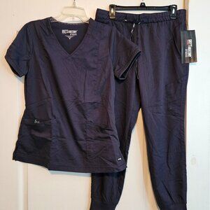 NWT Dark Grey Grey's Anatomy Scrub Set V-neck Top Matching Elastic Waist Joggers